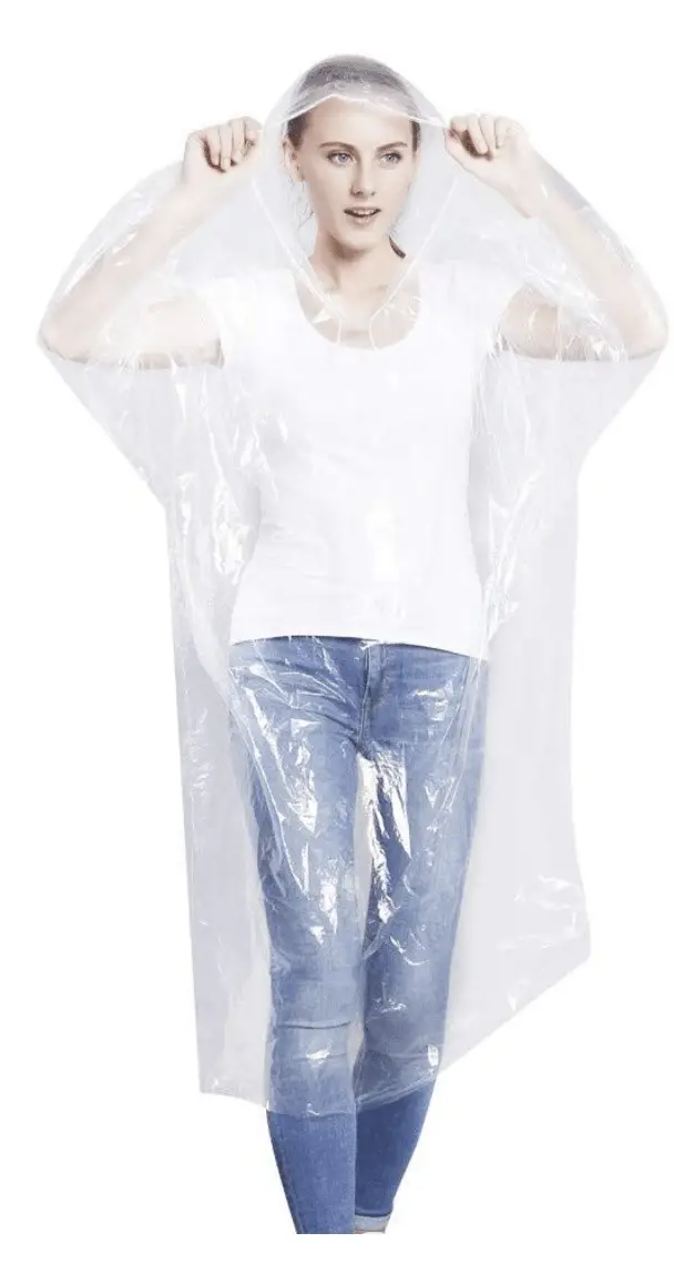 Woman wearing clear plastic rain poncho