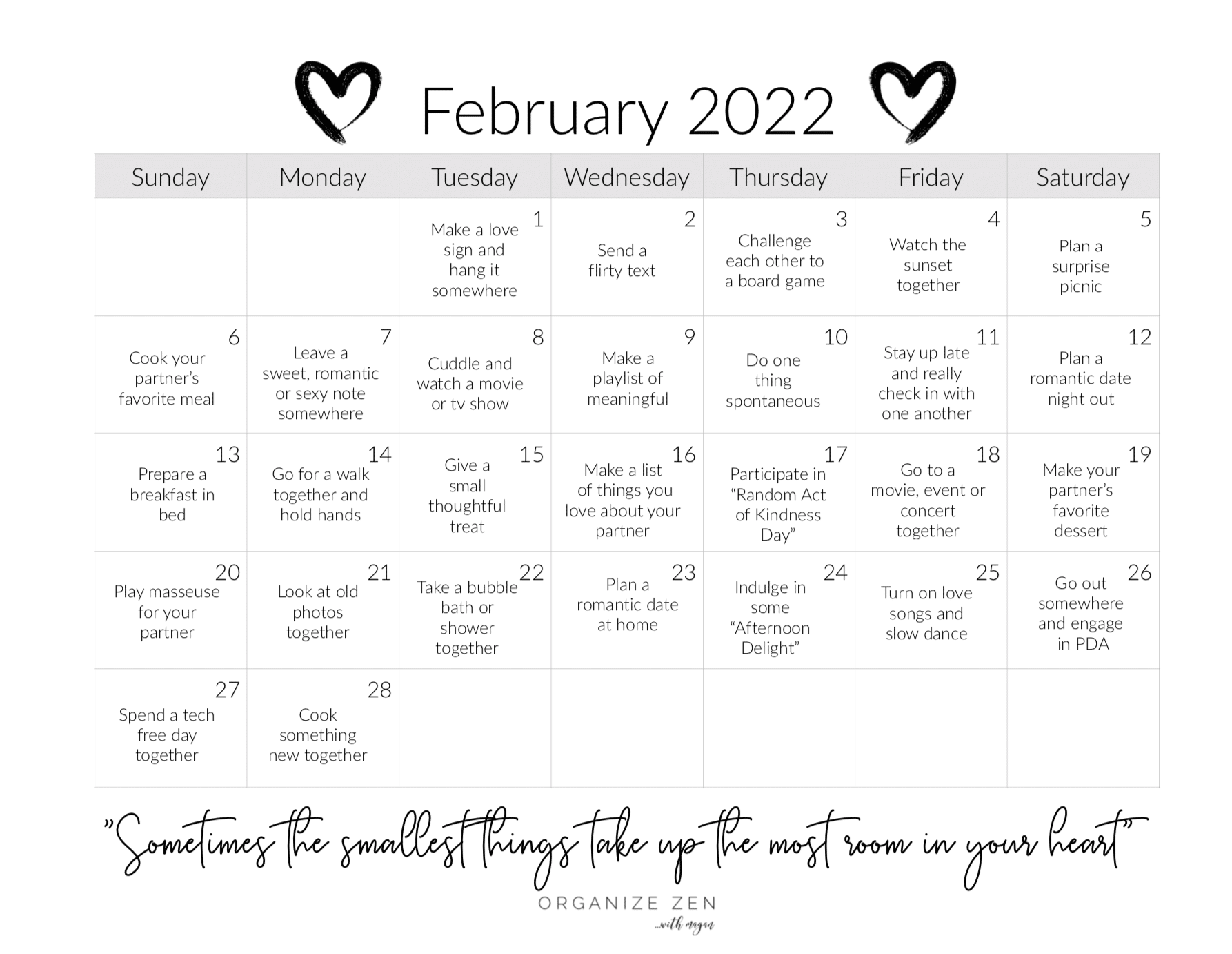 February Love Challenge Calendar