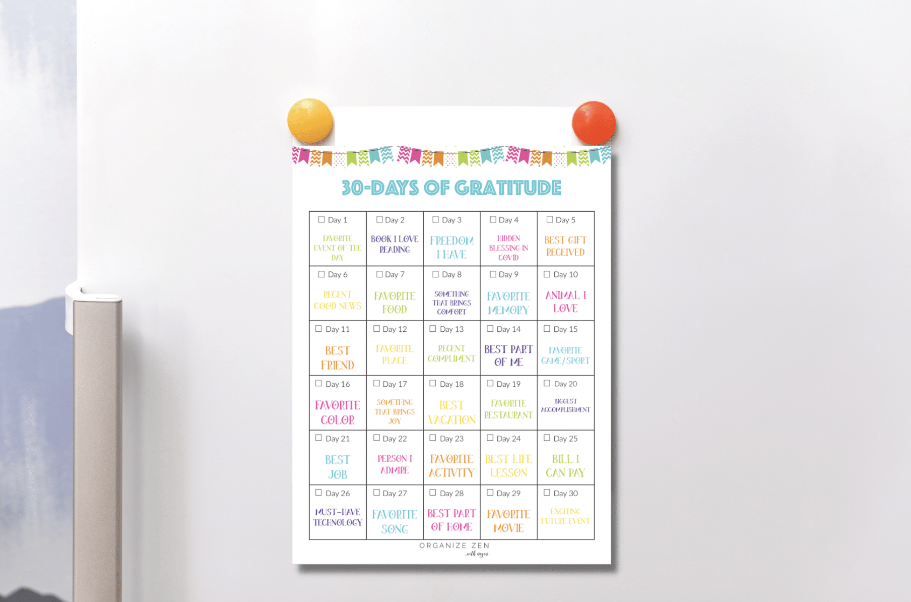 Gratitude Calendar on a fridge