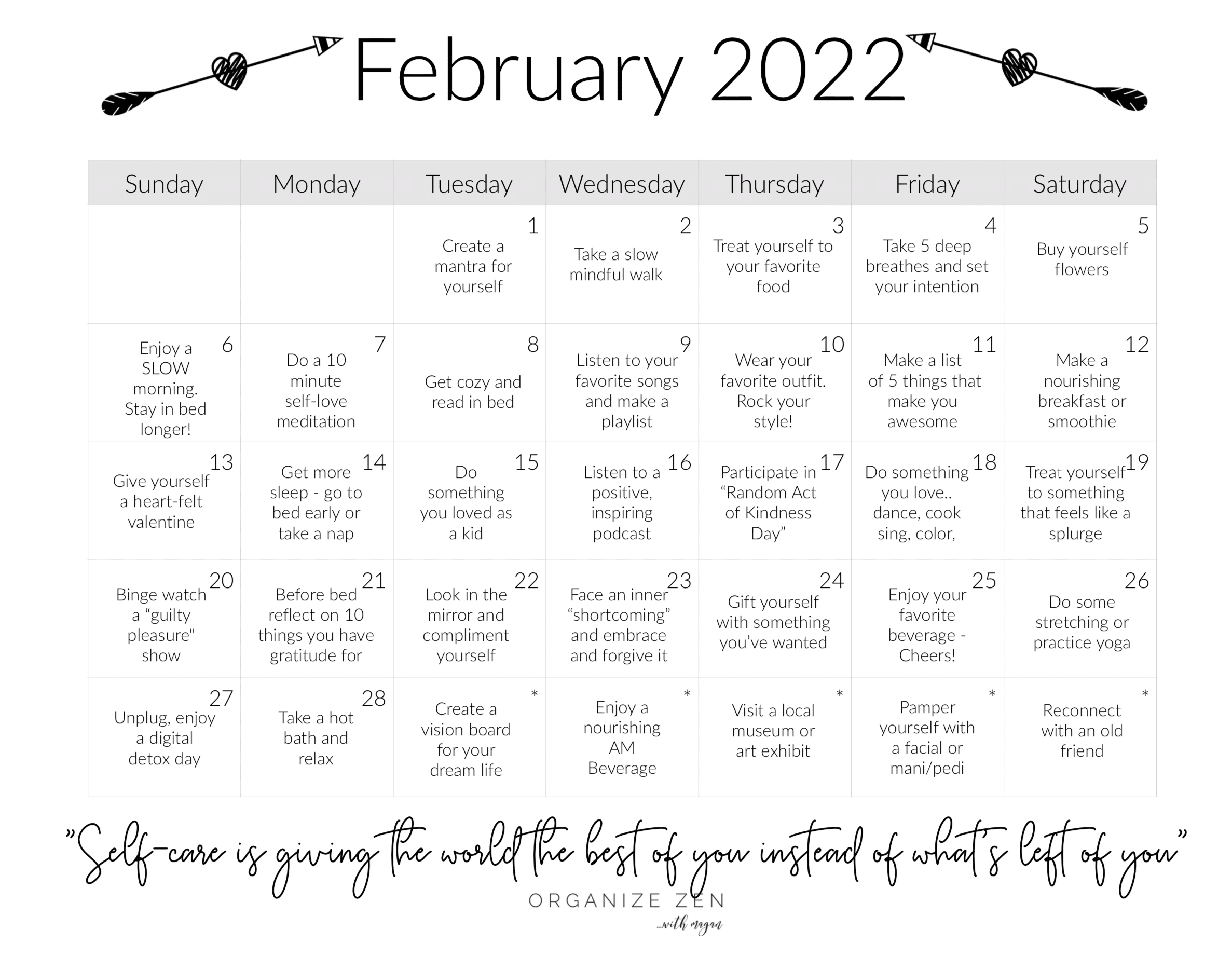February Self-Love Challenge Printable Calendar