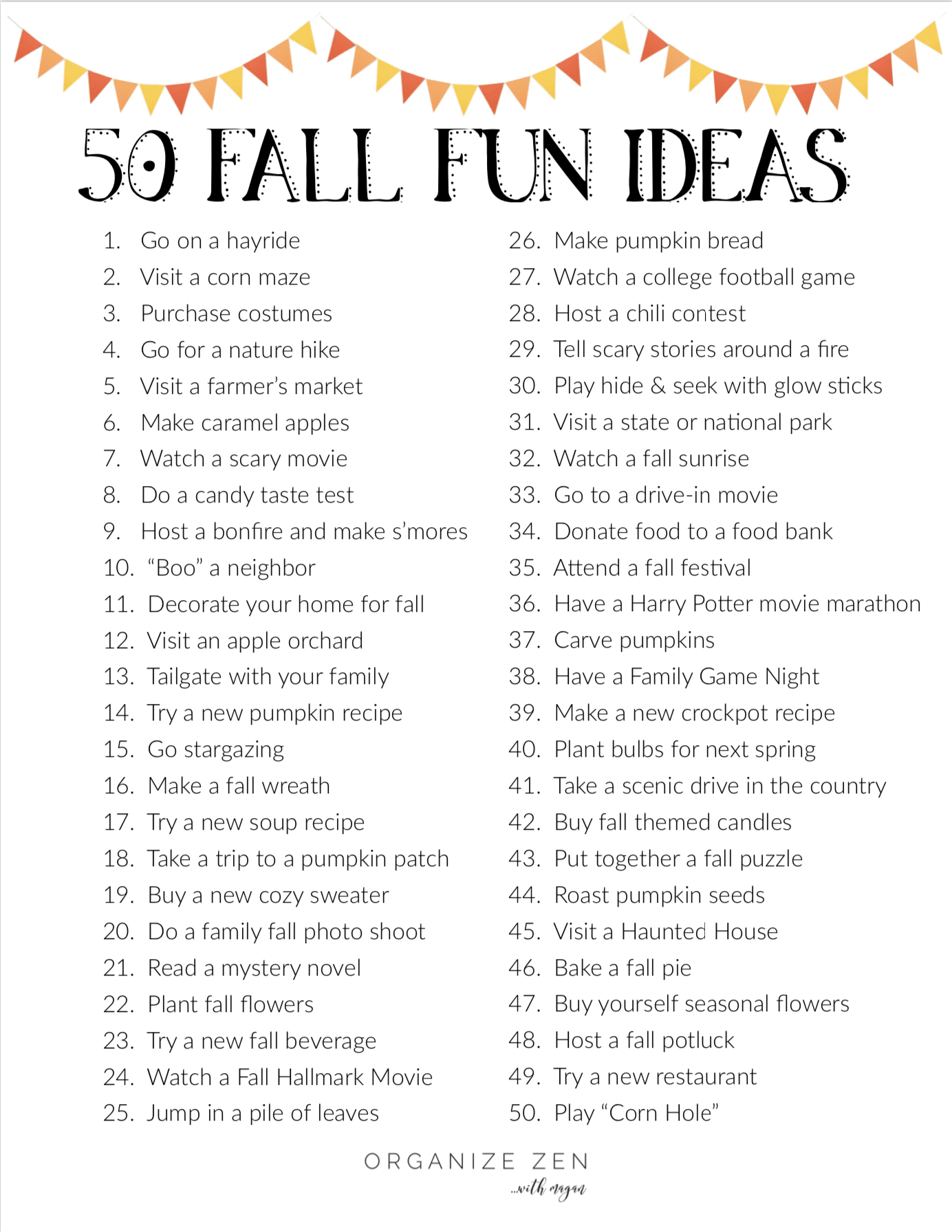 50 Fall Fun Ideas Printable Sheet