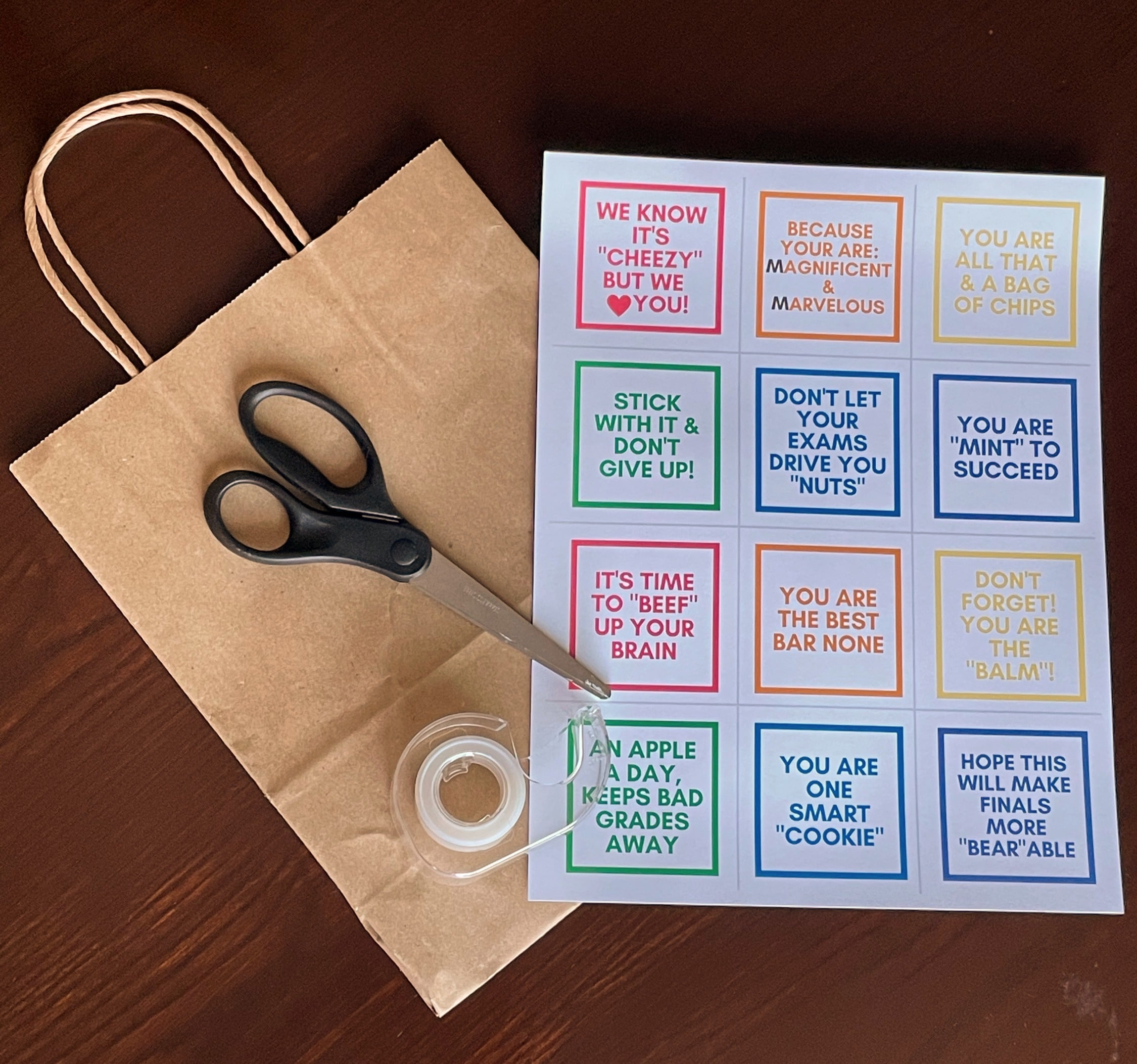brown bag with finals survival kit printable tags