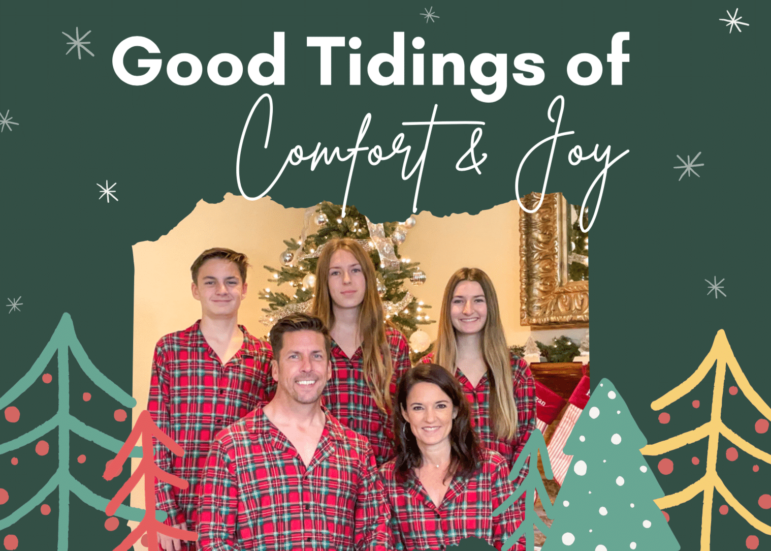 Christmas Card of a family in matching pajamas