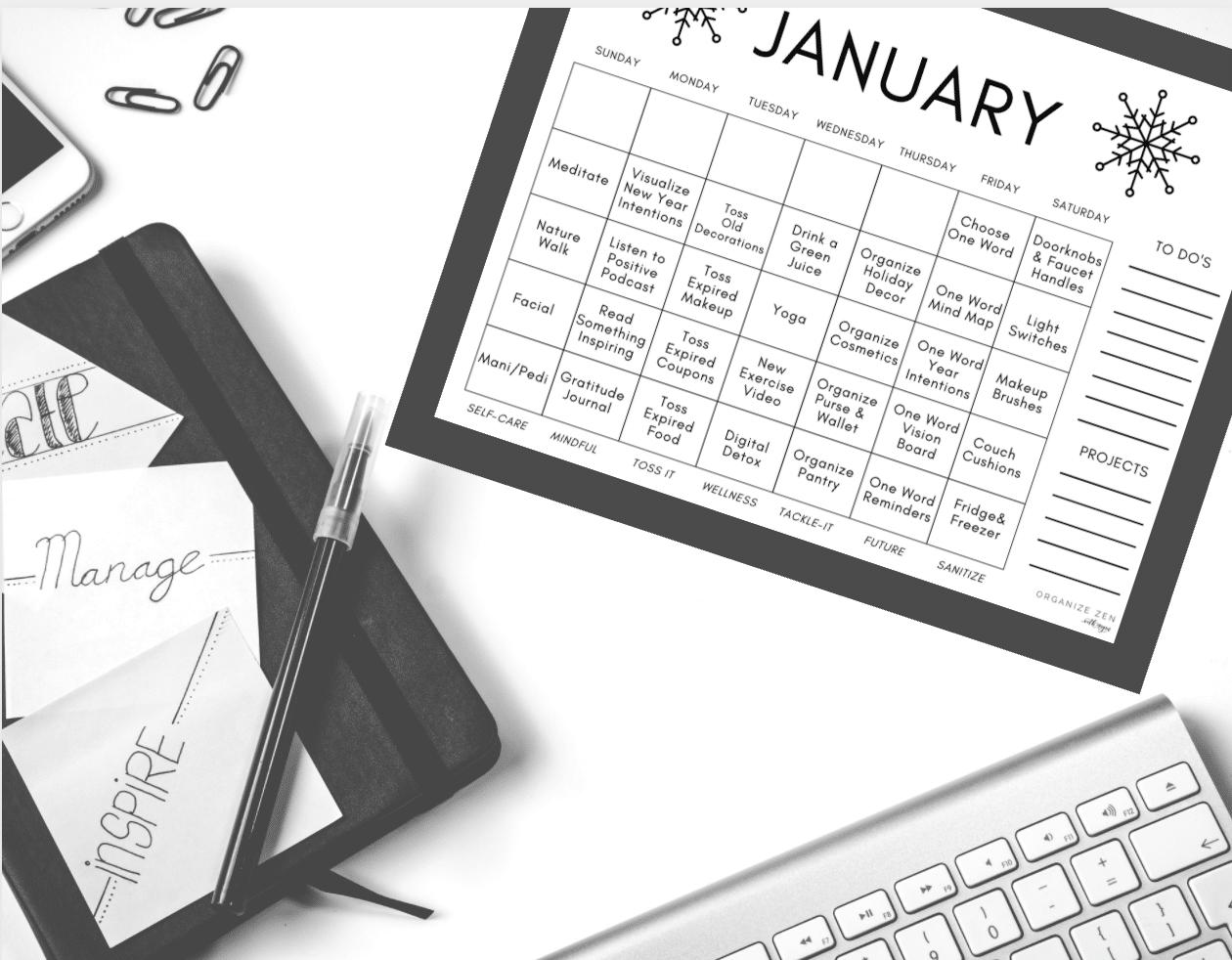 January calendar with themed days