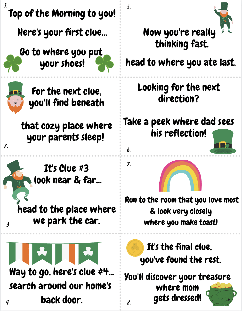 St Patrick's Day Treasure Hunt Printable Clue Cards