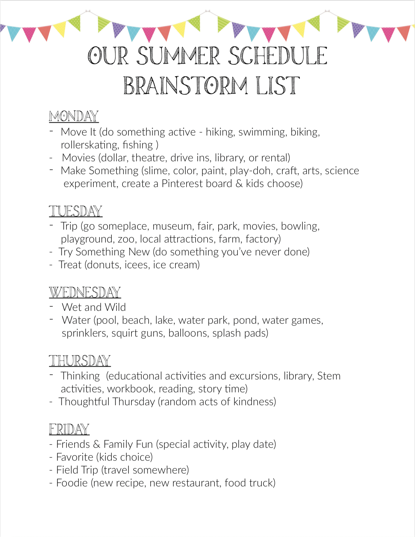 Summer schedule brainstorm list