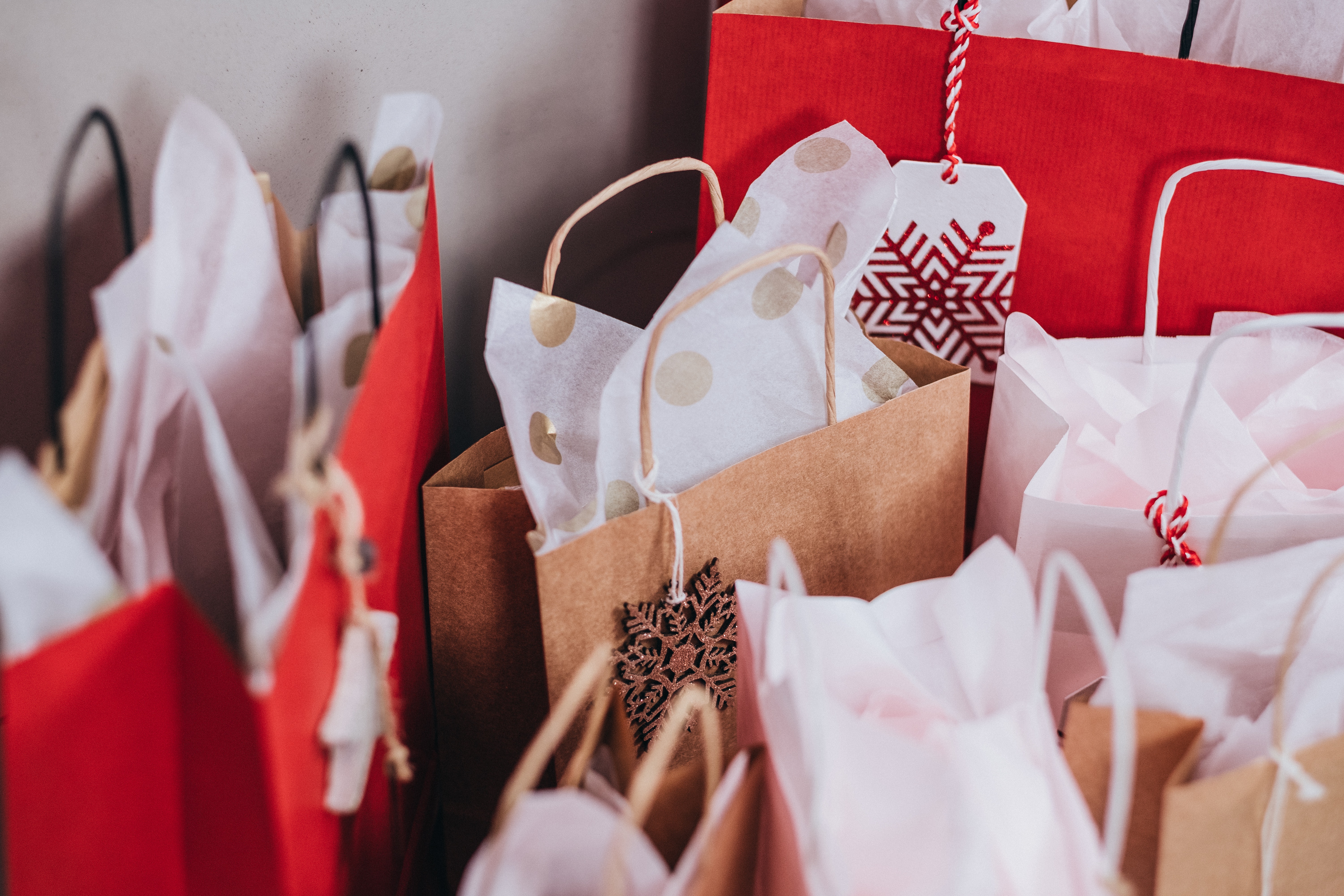 Assortment of Christmas gifts in red and tan gift bags