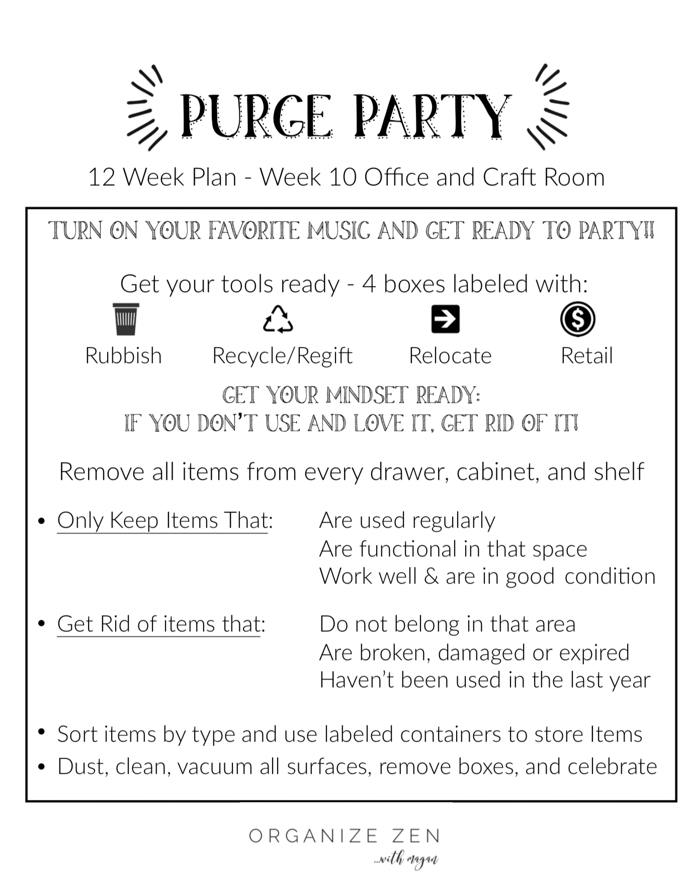 Purge Party Printable Decluttering plan for the office