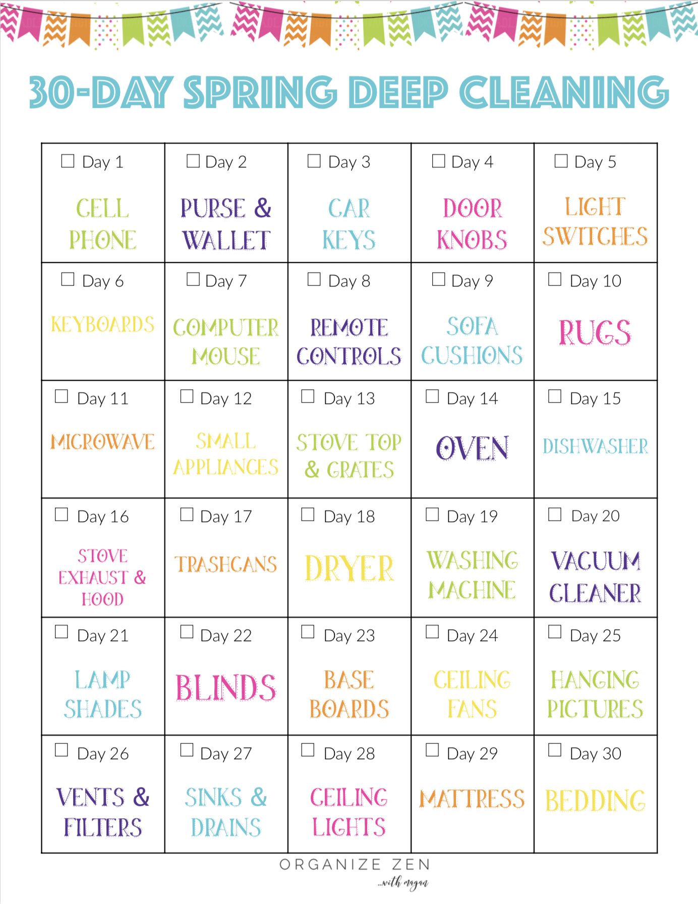 30 day spring cleaning printable calendar
