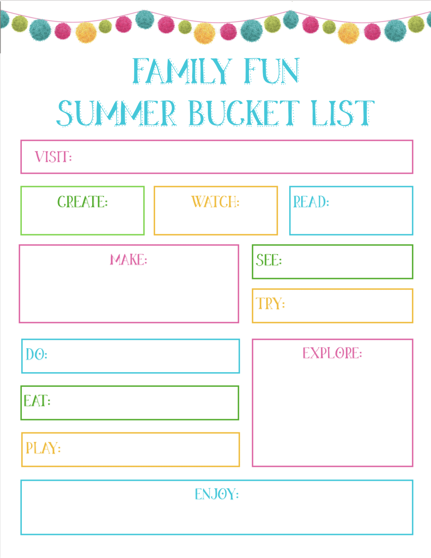 Printable Summer Fun Bucket List