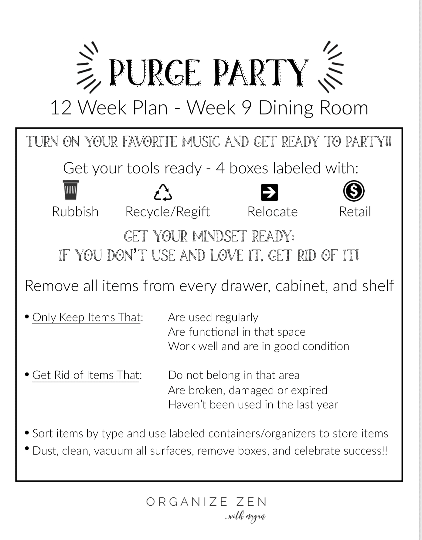 Purge Party Printable Organization plan for dining room
