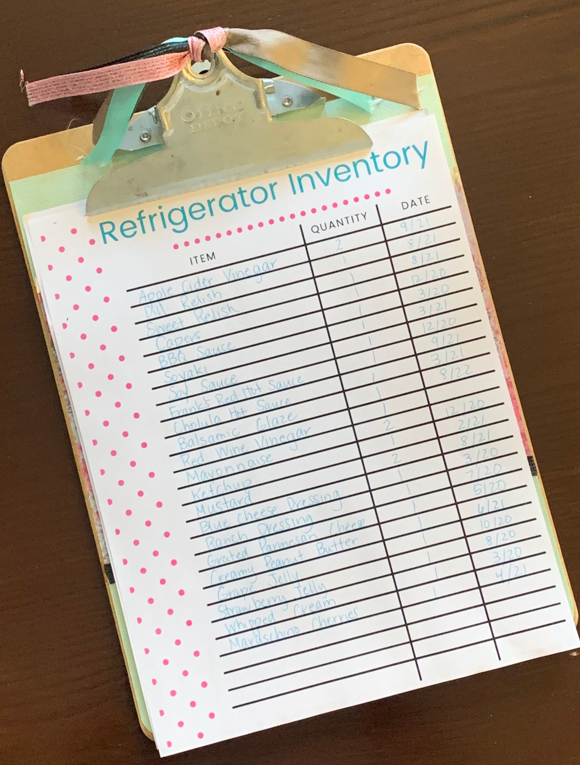 Refrigerator inventory on a clipboard