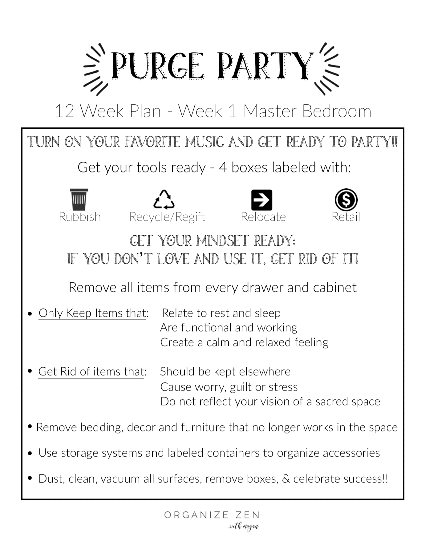 Purge Party printable for Master Bedroom