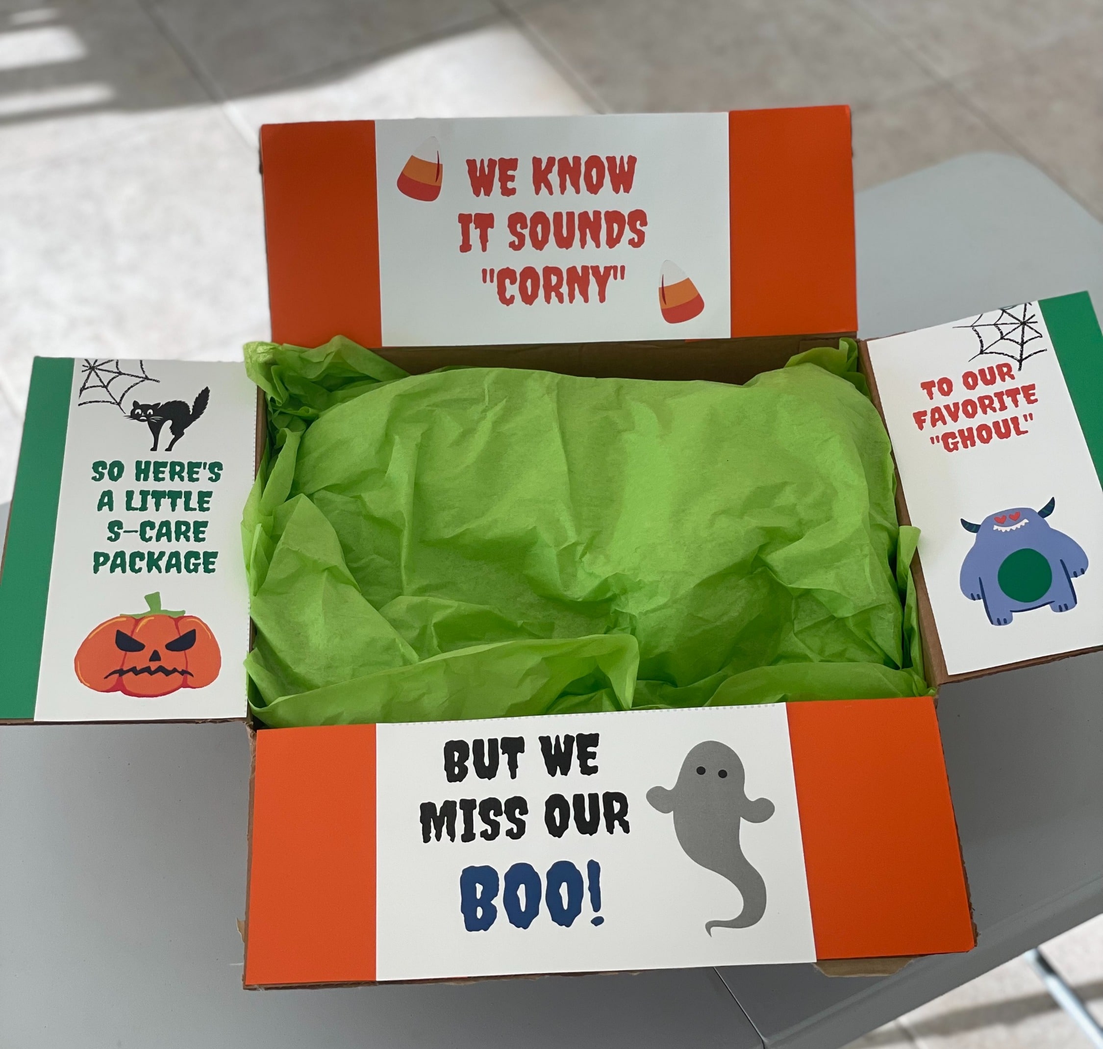 Decorated box of a Halloween Care Package
