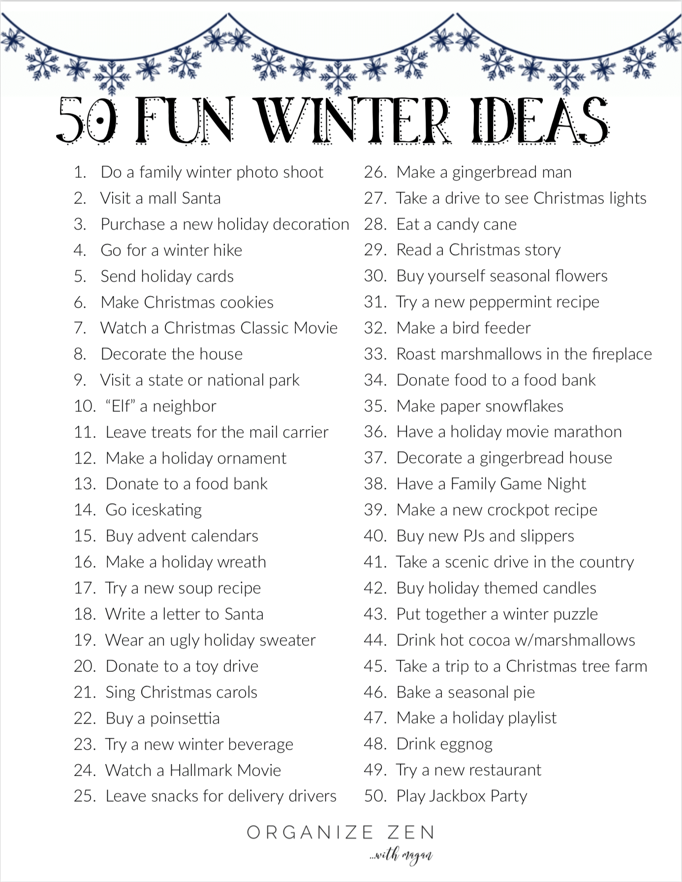 50 Fun Winter Ideas printable