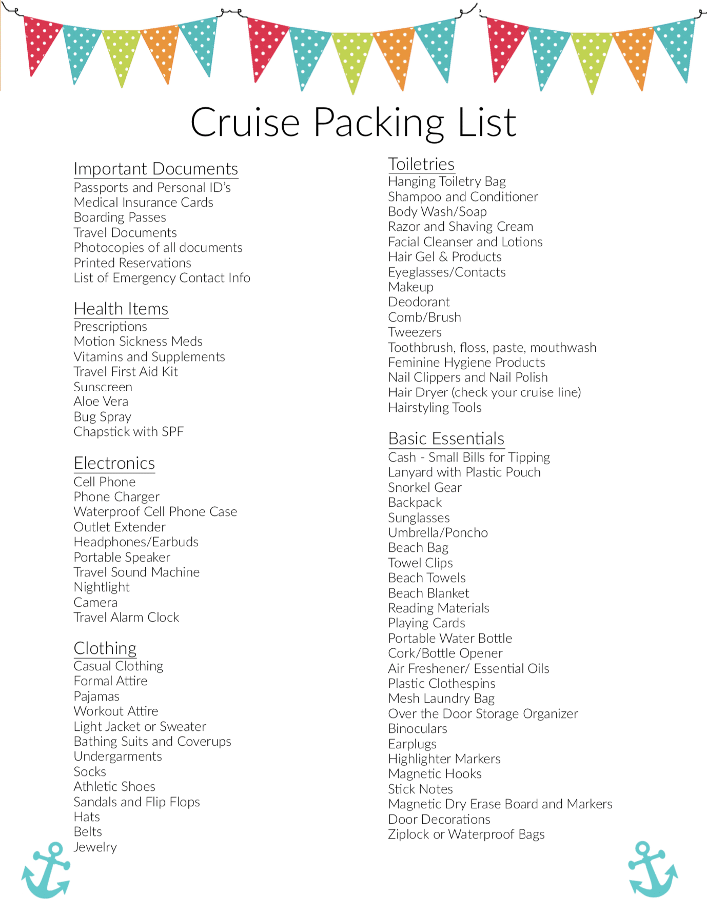 Printable Cruise Packing List