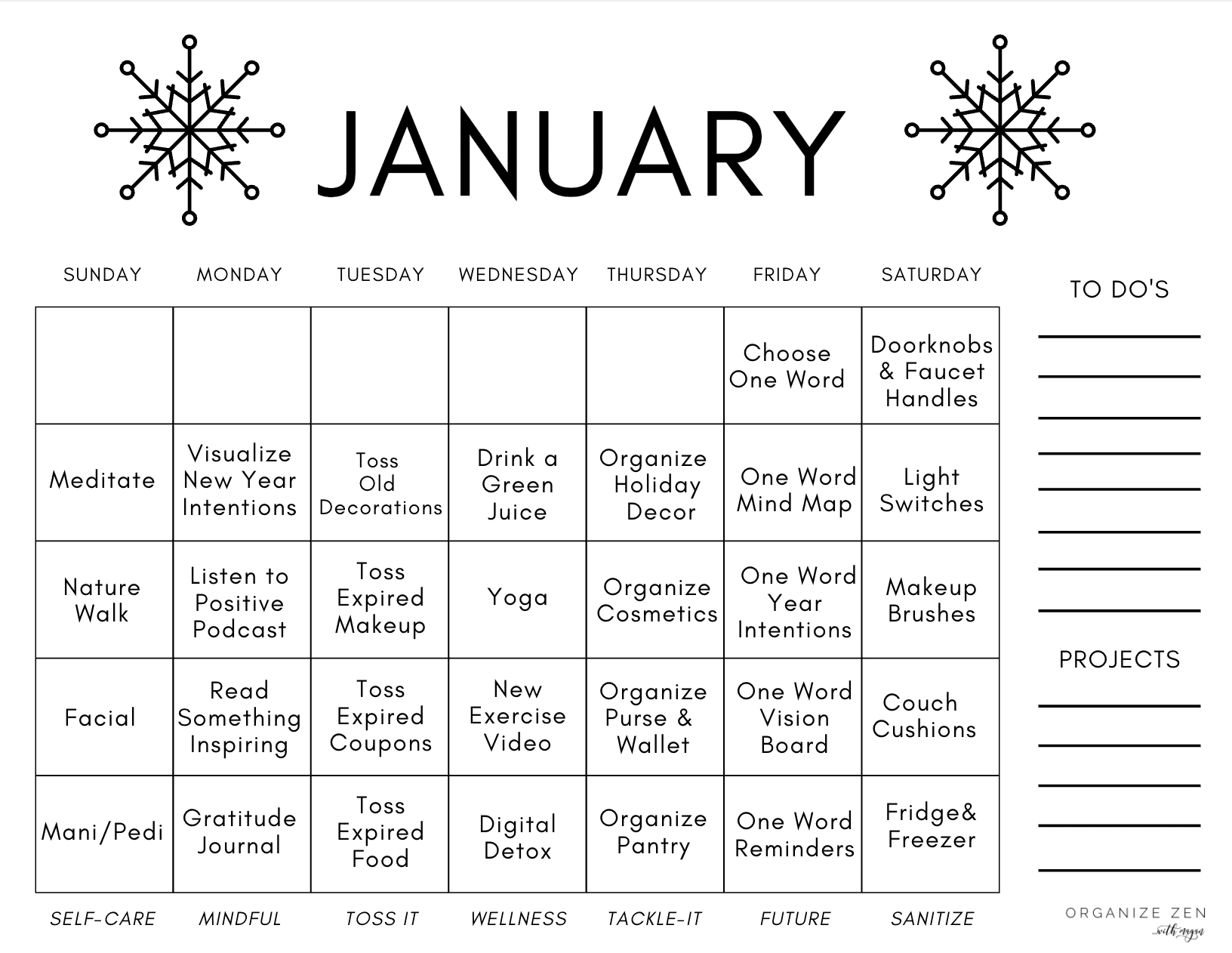 January Calendar with themed days