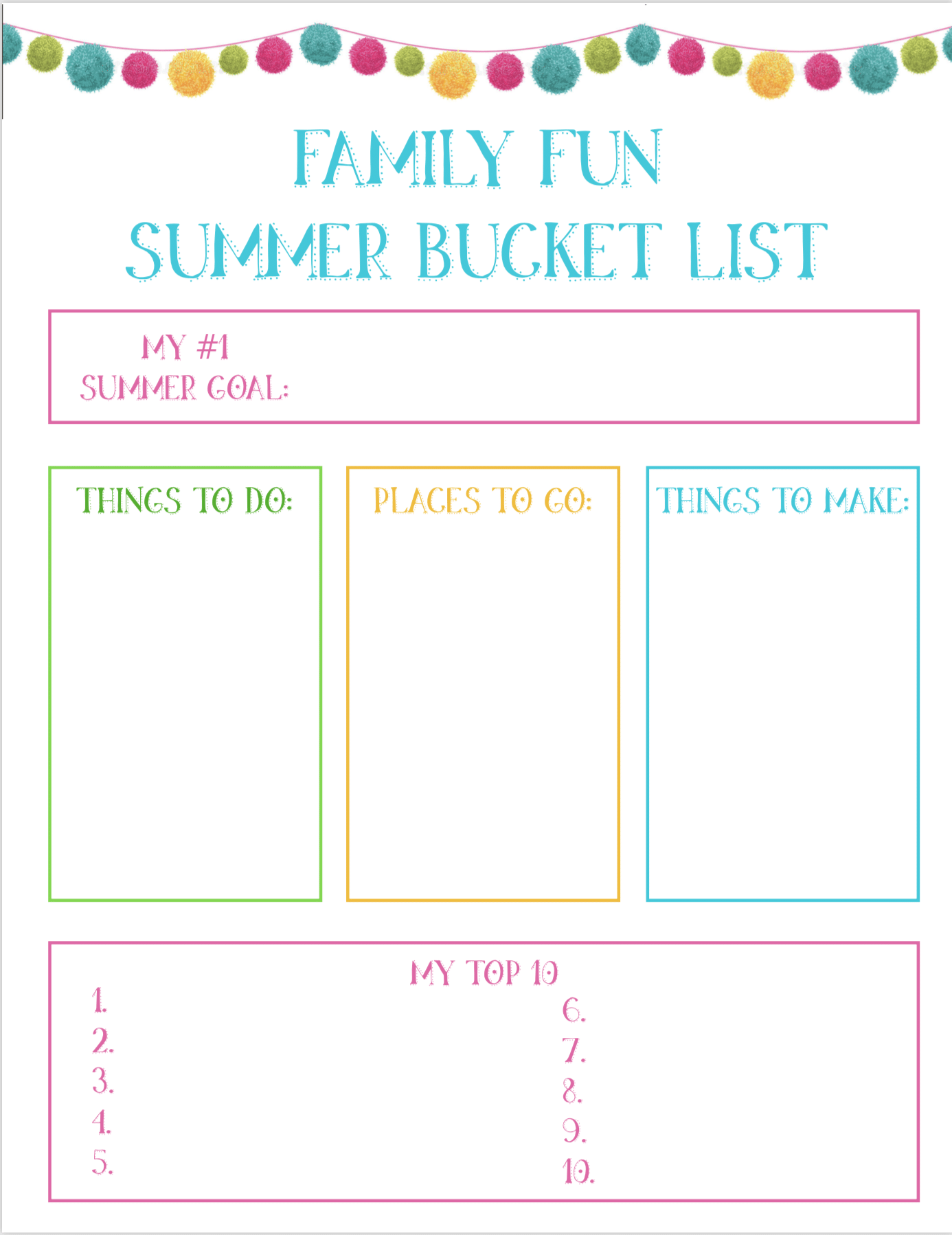 Summer Fun Bucket List Printable