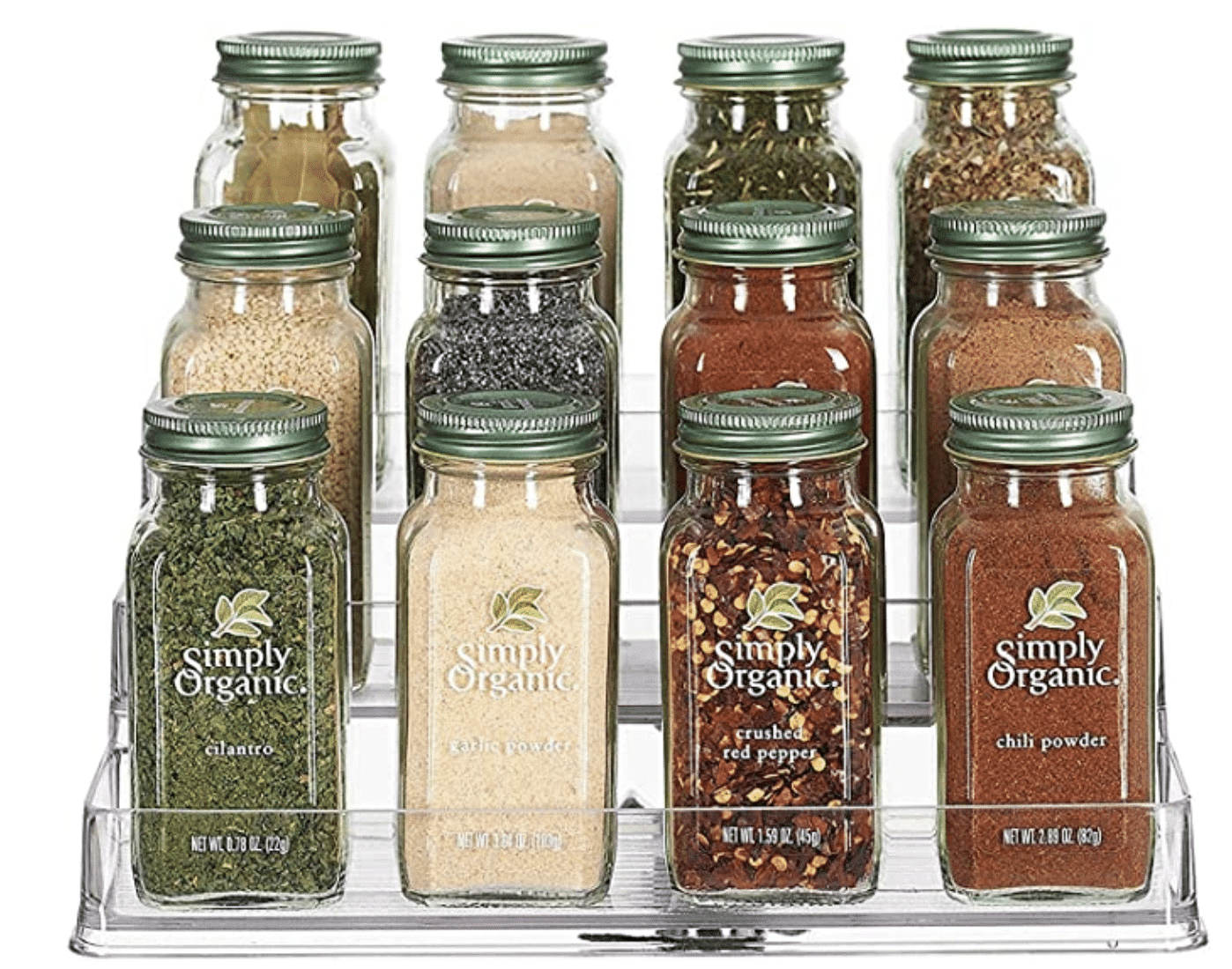 Spices on a clear acrylic three tier shelf