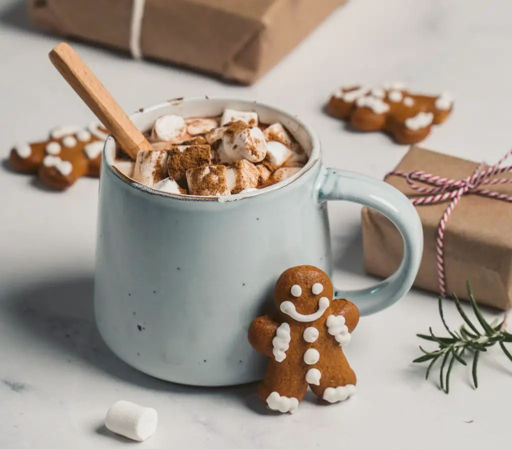 Cup of hot chocolate with a gingerbread man
