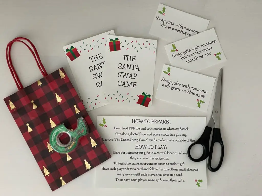 Santa Swap Game with printable cards, bag scissors and tape