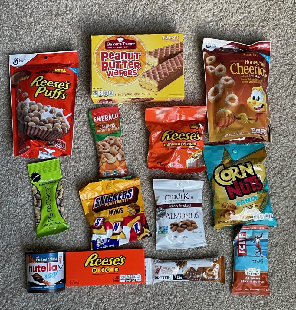 Nut themed college care package contents