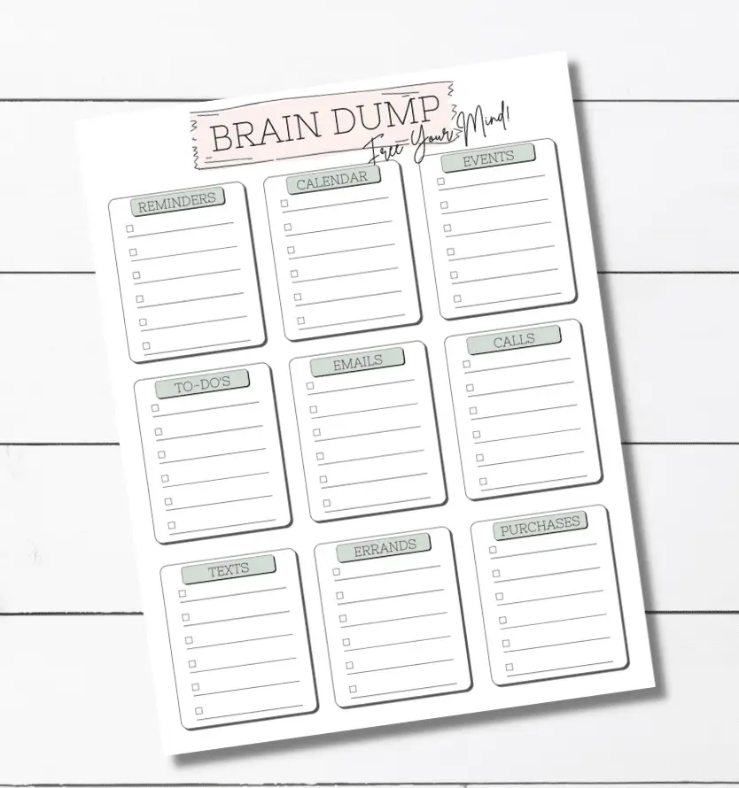 Categorized Brain Dump Printable Worksheet